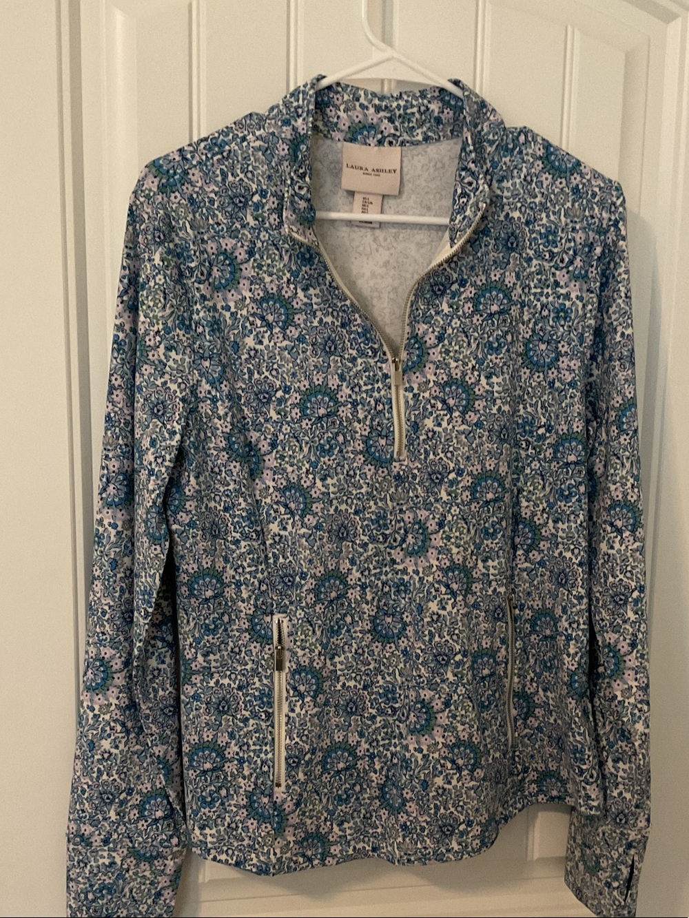 Laura Ashley Teal and White Floral Quarter-Zip Pullover